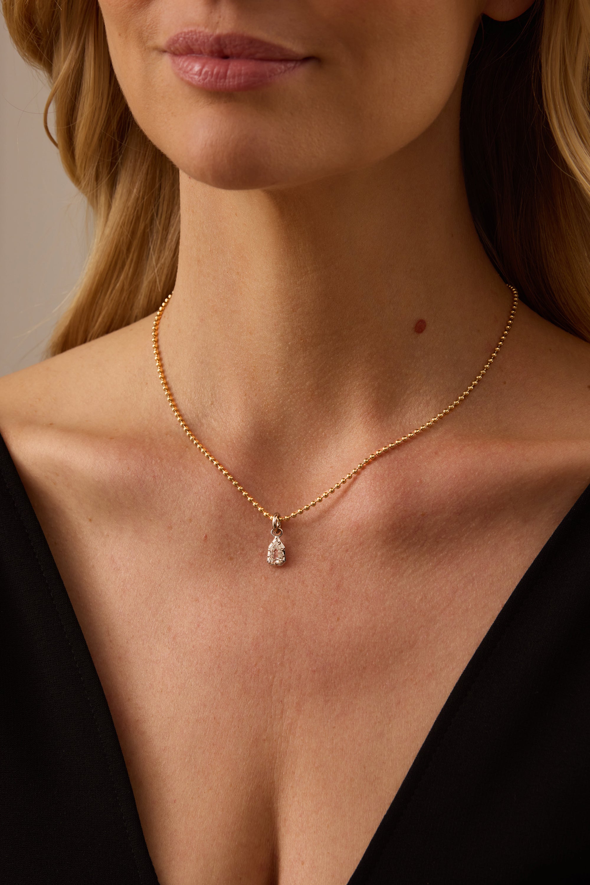 Essence Gold & Diamond Heptagon Charm Thin Bead Necklace