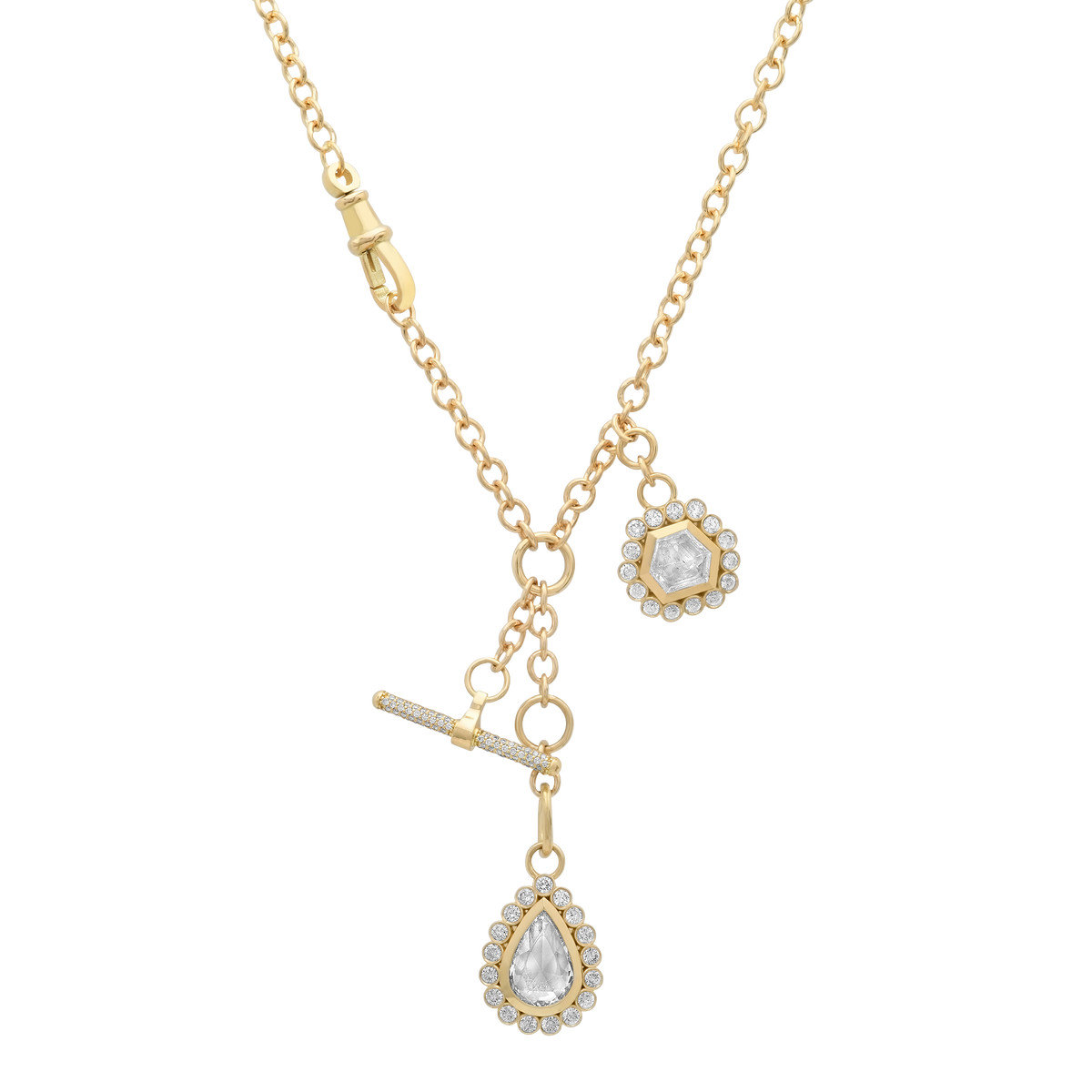 Essence Gold & Diamond Hexagon, Pear & T-bar Charms Rollo Necklace 26"