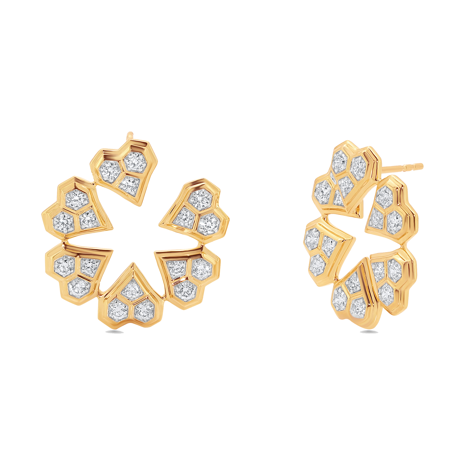Honey Comb Gold & Diamond Front-to-Back Heart Earrings