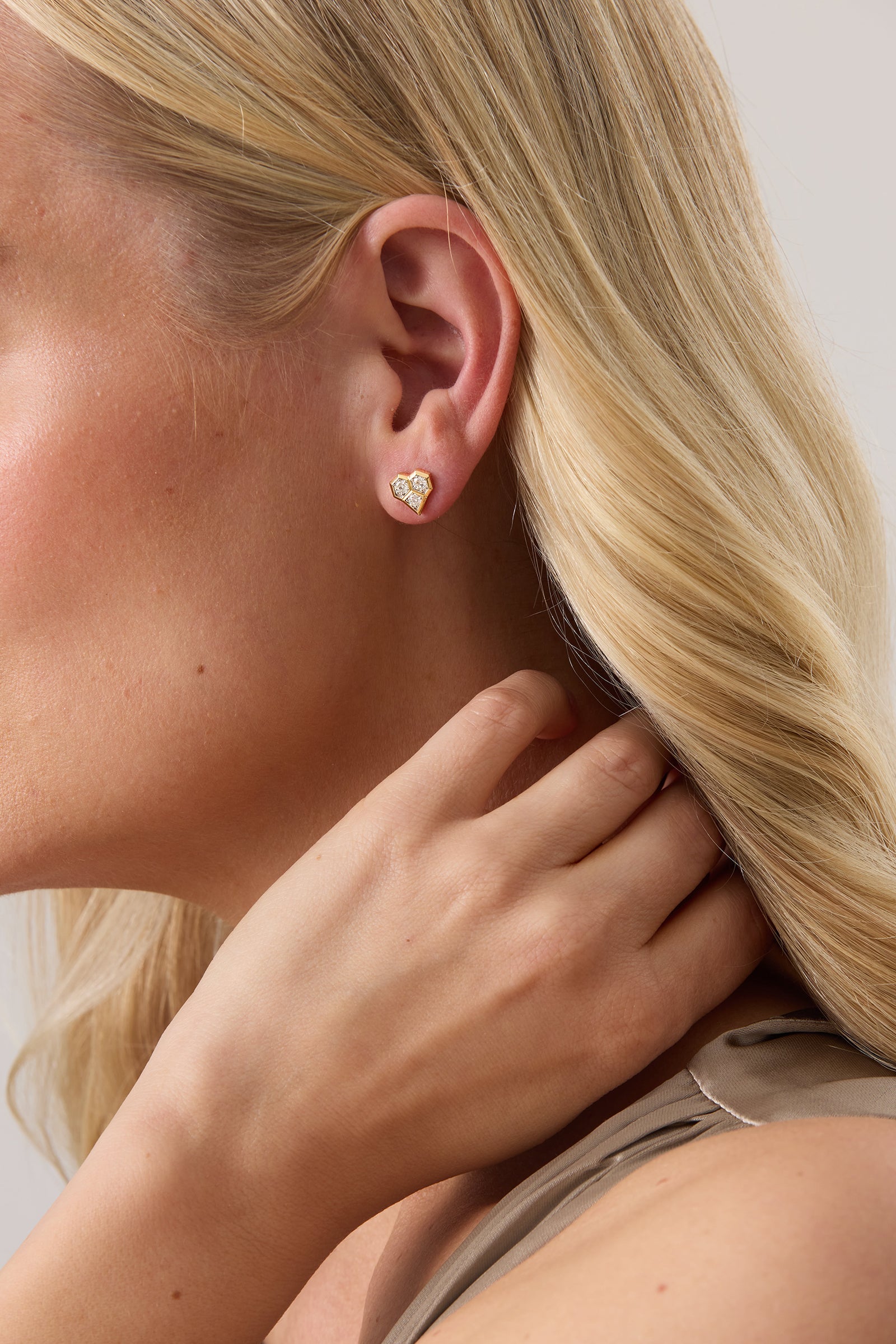 Honey Comb Gold and Diamond Heart Stud Earrings