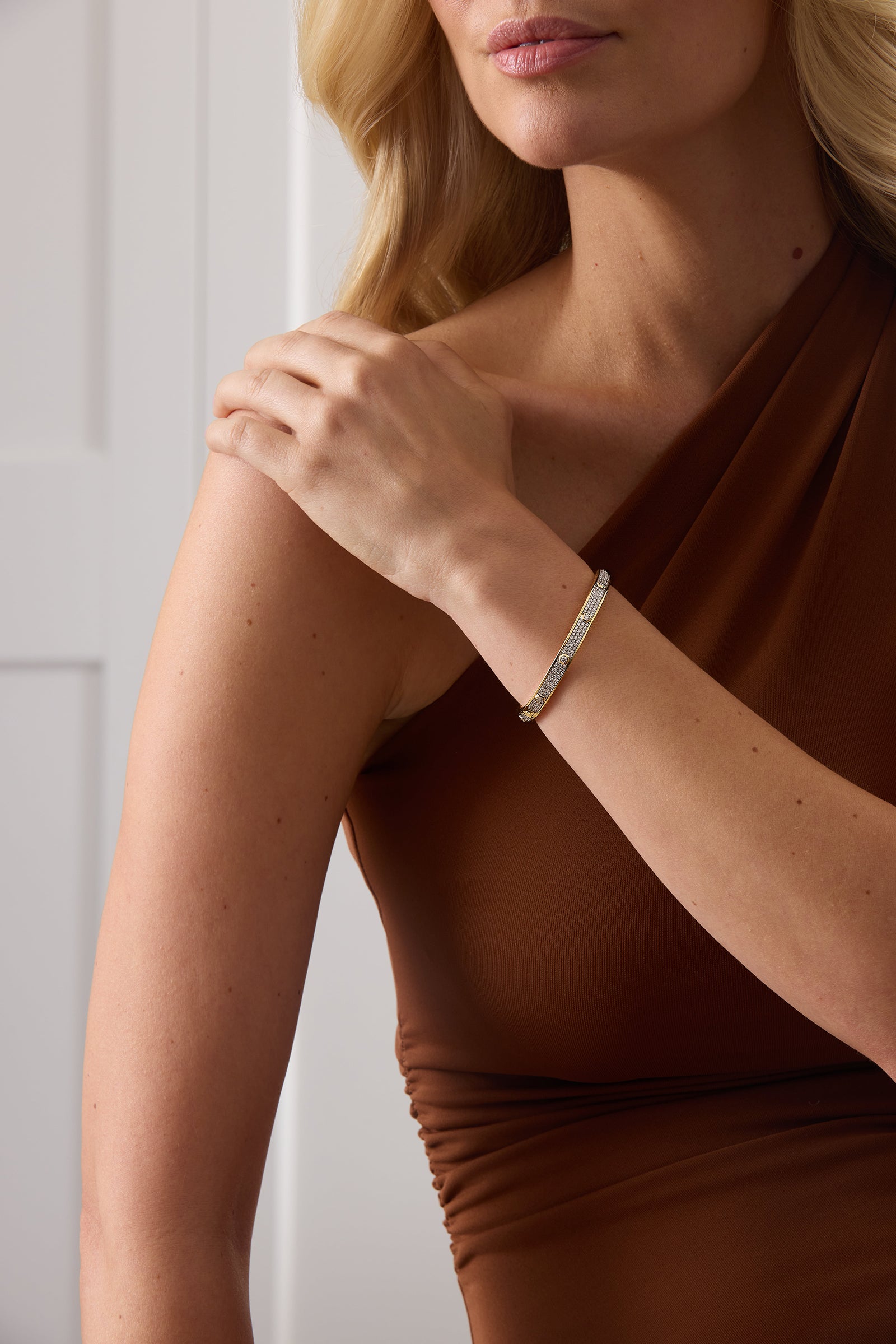 Honey Comb Gold and Diamond Pave Bangle