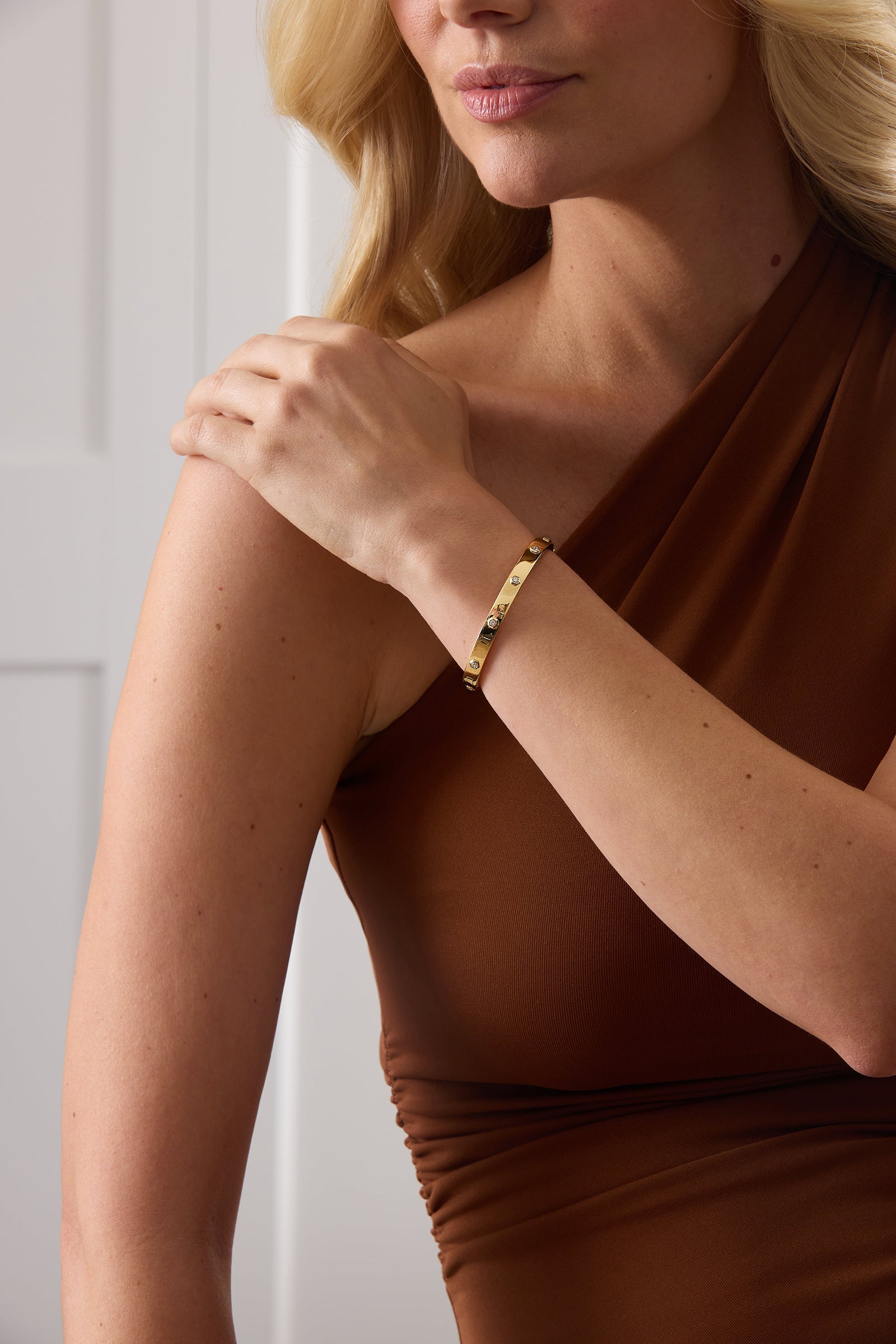 Honey Comb Gold and Diamond Solid Bangle