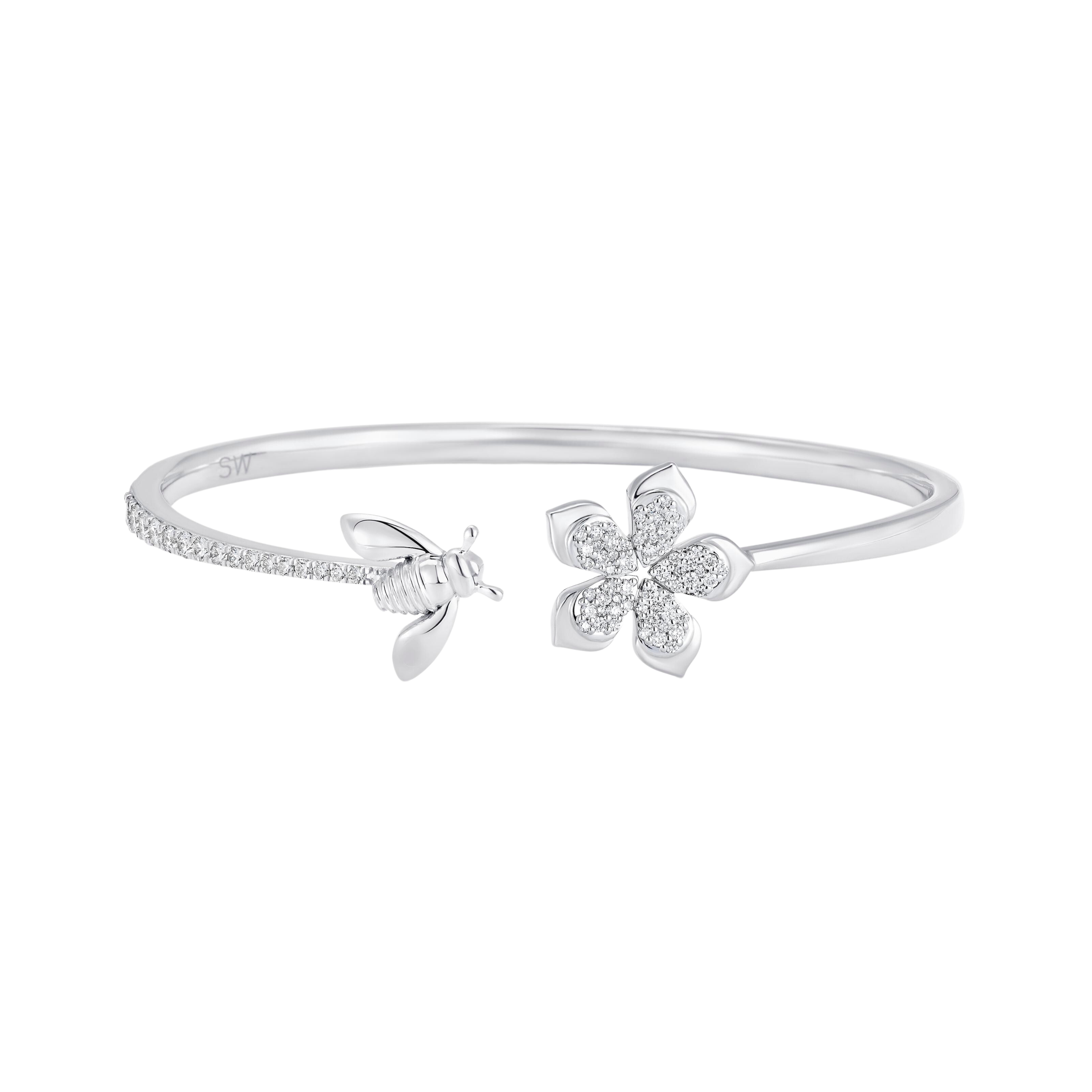 Queen Bee Gold and Diamond Partial Pear Flower Open Bangle Cuff