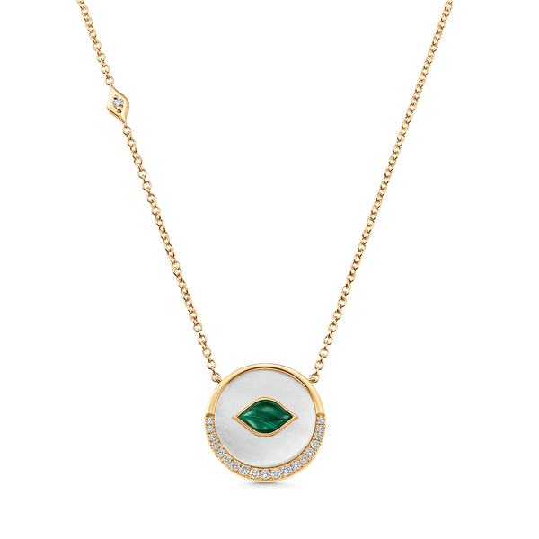 Donna Mother of Pearl, Malachite and Diamond Round Pendant Necklace - Sara Weinstock Fine Jewelry