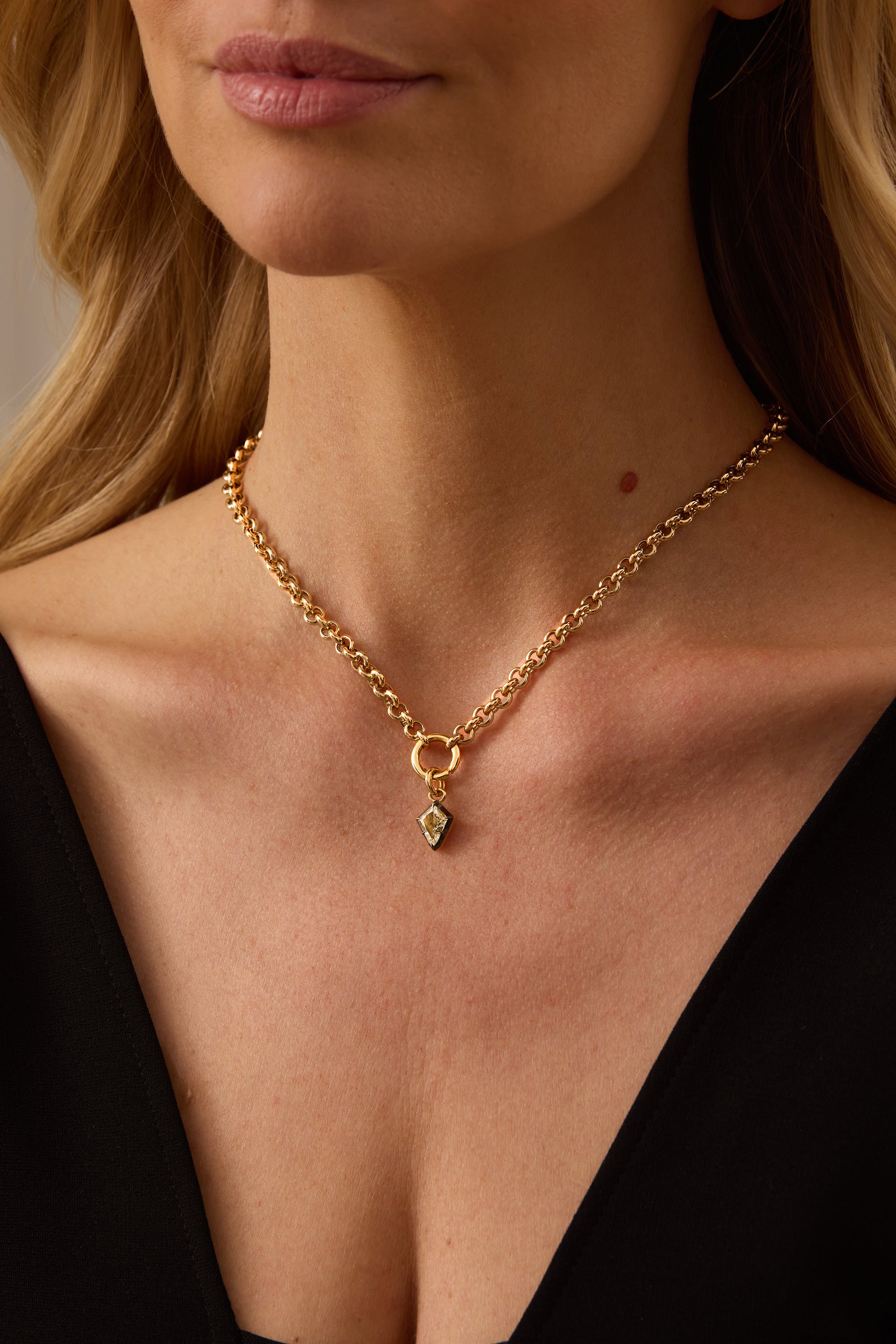 Essence Rhodium Gold & Diamond Hexagonal Charm Rollo Chain Necklace