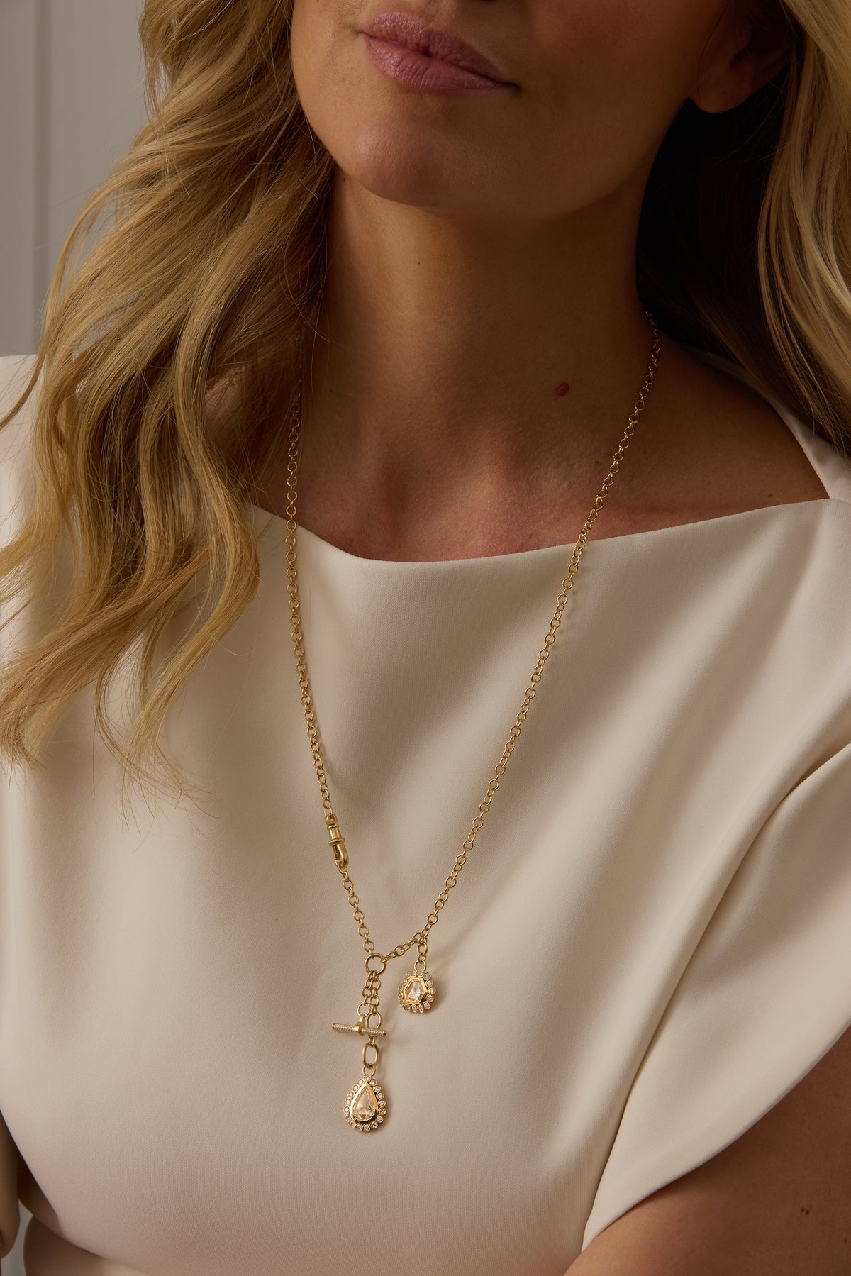 Essence Gold & Diamond Hexagon, Pear & T-bar Charms Rollo Necklace 26"