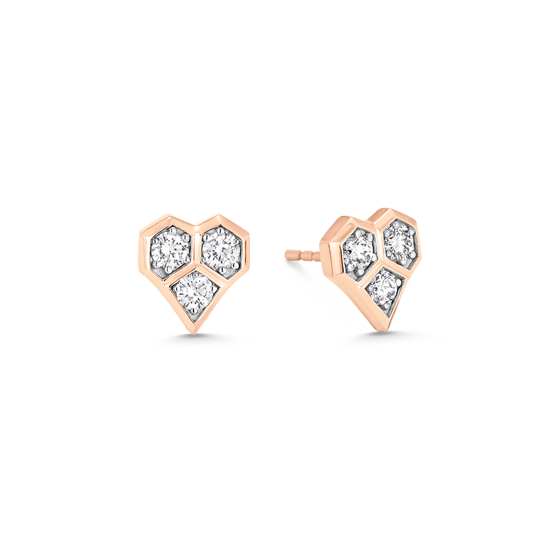 Honey Comb Gold and Diamond Heart Stud Earrings