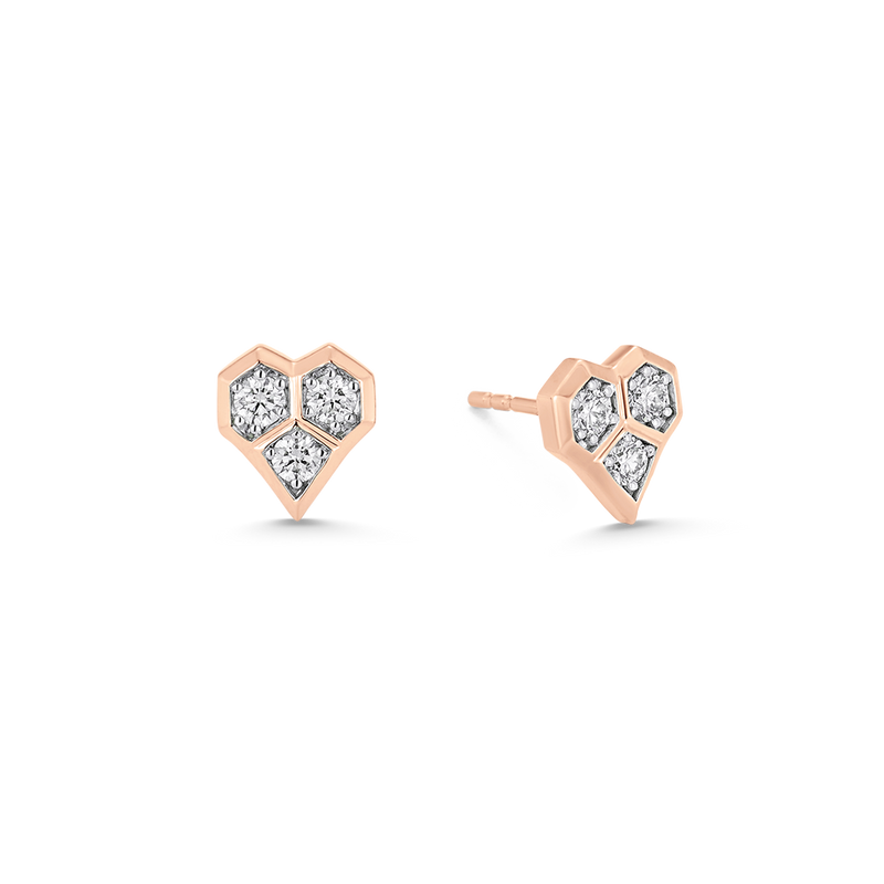 Honey Comb Gold and Diamond Heart Petite Stud Earrings