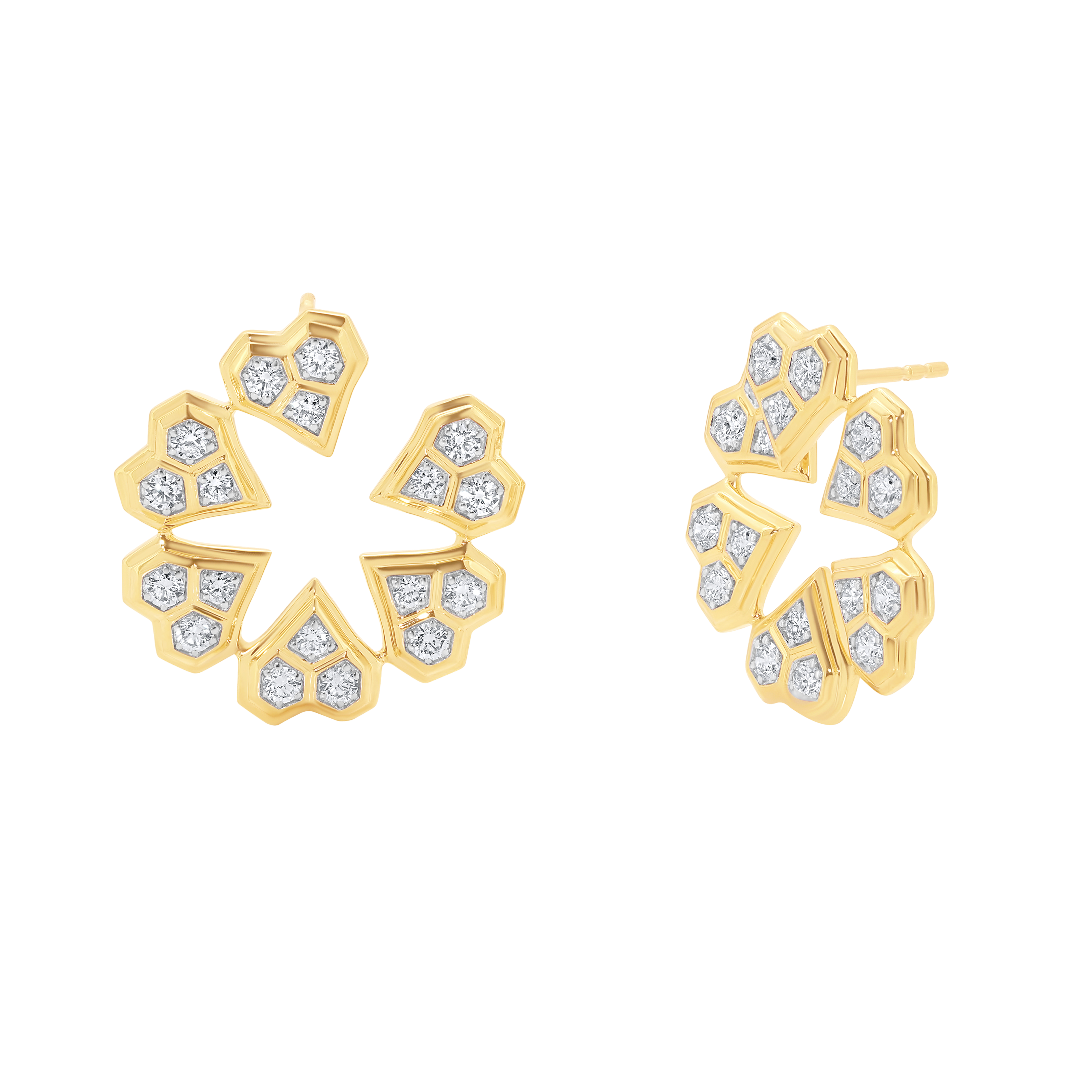 Honey Comb Gold & Diamond Front-to-Back Heart Earrings