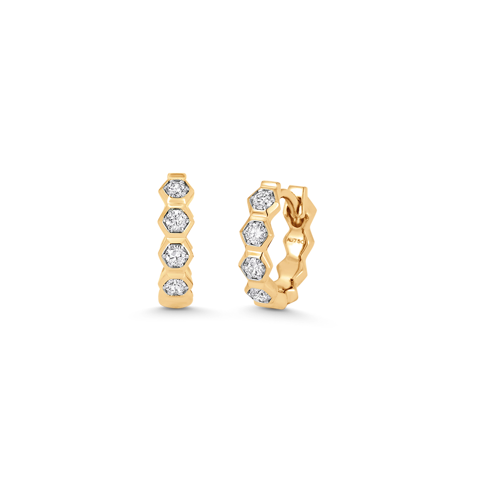 Honey Comb Gold and Diamond Huggie Earrings