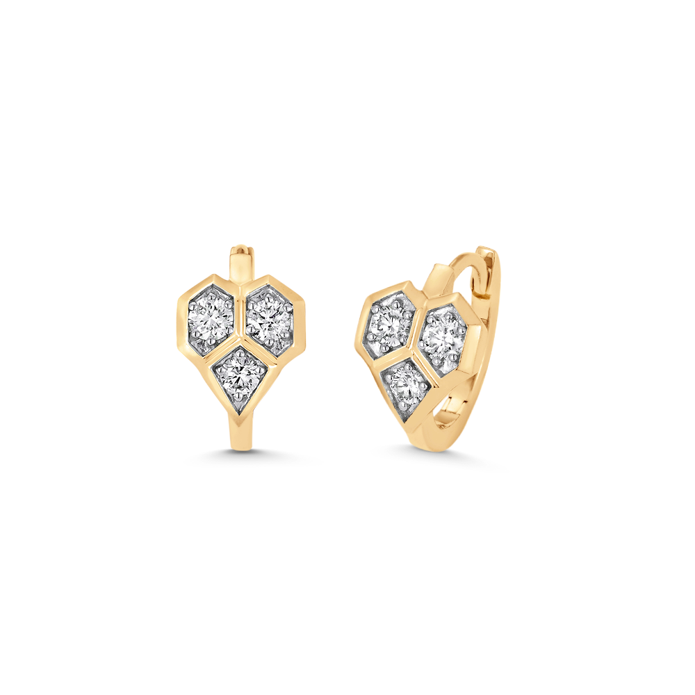 Honey Comb Gold and Diamond Heart Huggie Earrings