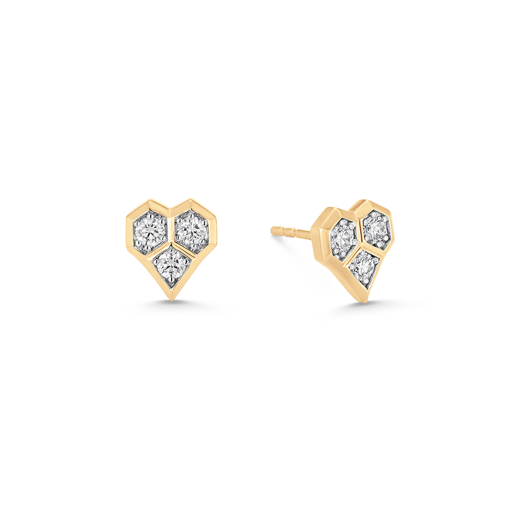 Honey Comb Gold and Diamond Heart Petite Stud Earrings