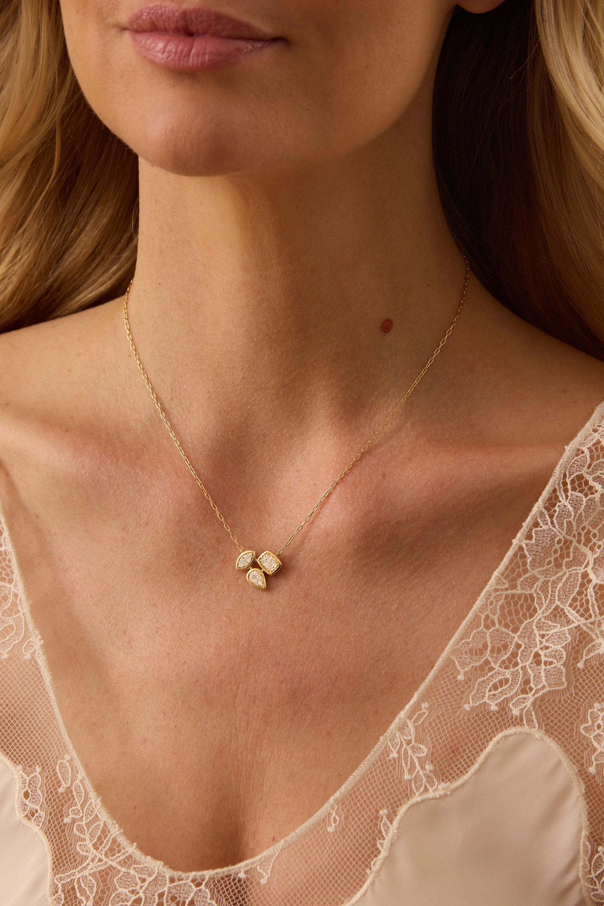 Reverie Gold and Diamond Marquise Pear Cushion Outlined Necklace