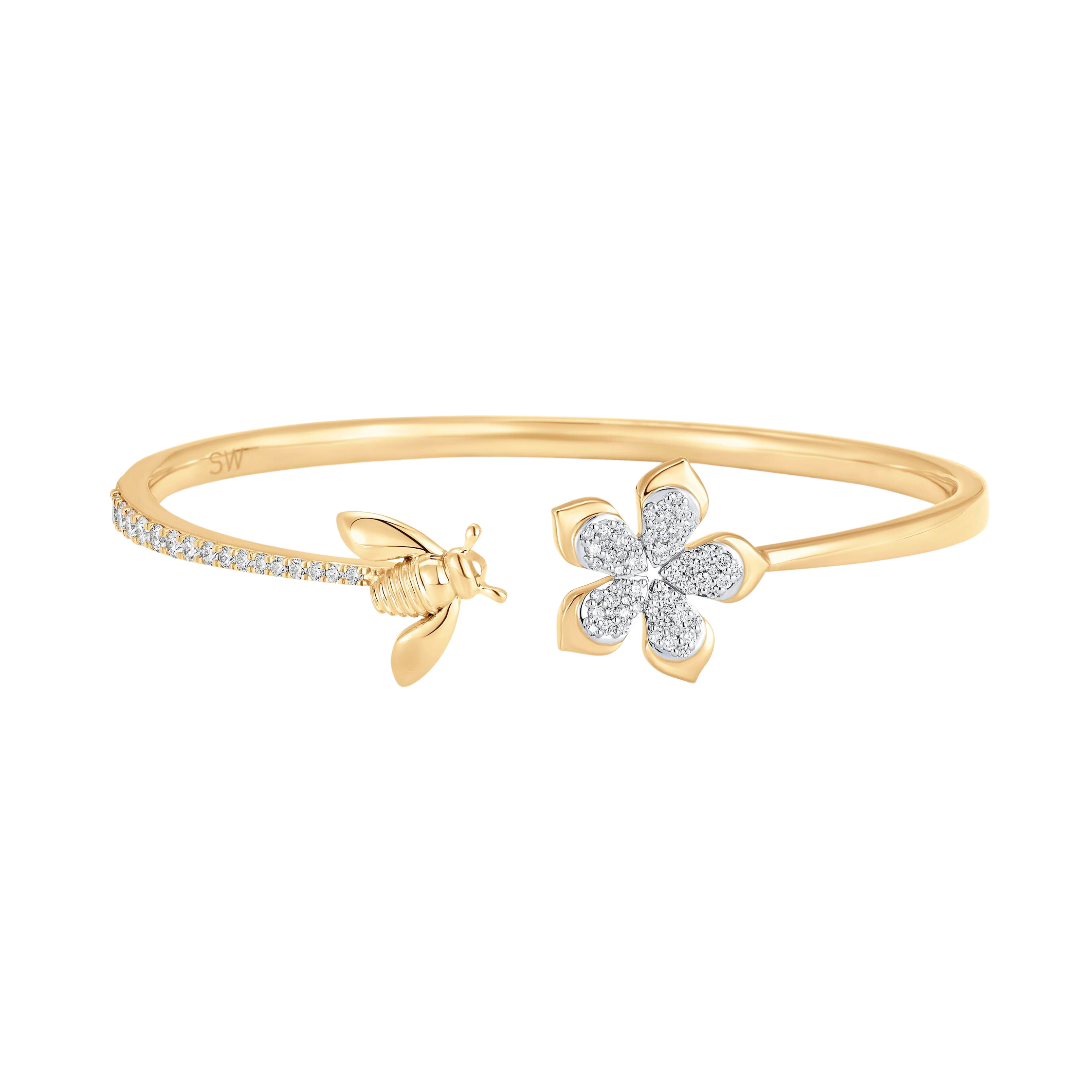 Queen Bee Gold and Diamond Partial Pear Flower Open Bangle Cuff