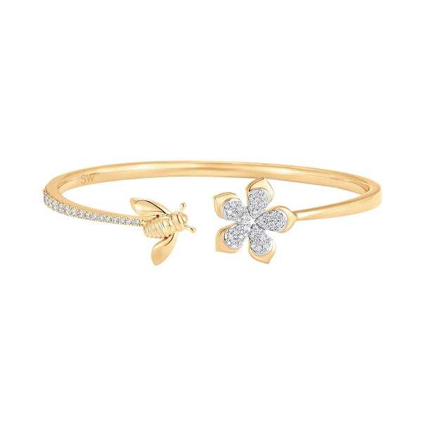 Queen Bee Gold and Diamond Partial Pear Flower Open Bangle Cuff