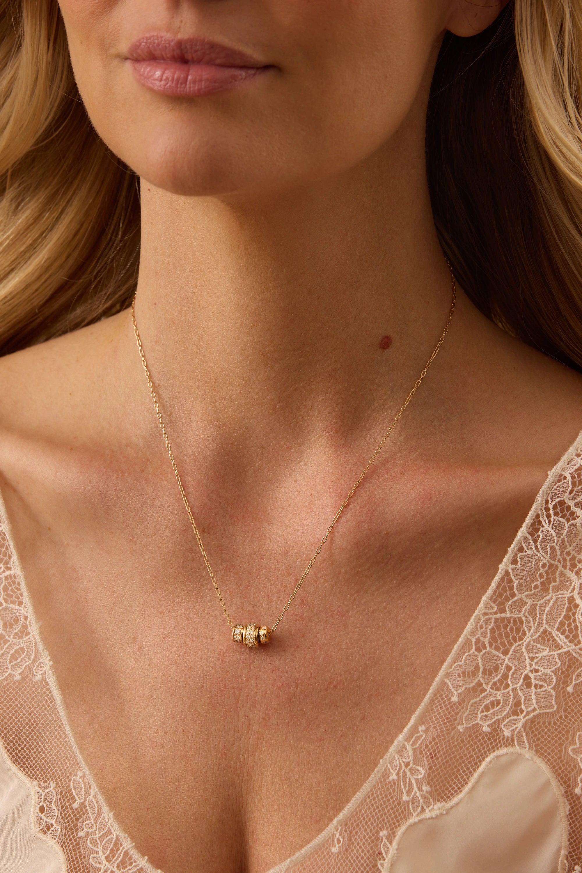 SW Gold & Diamond 3-Rondelle Cylinder & Wheels Necklace