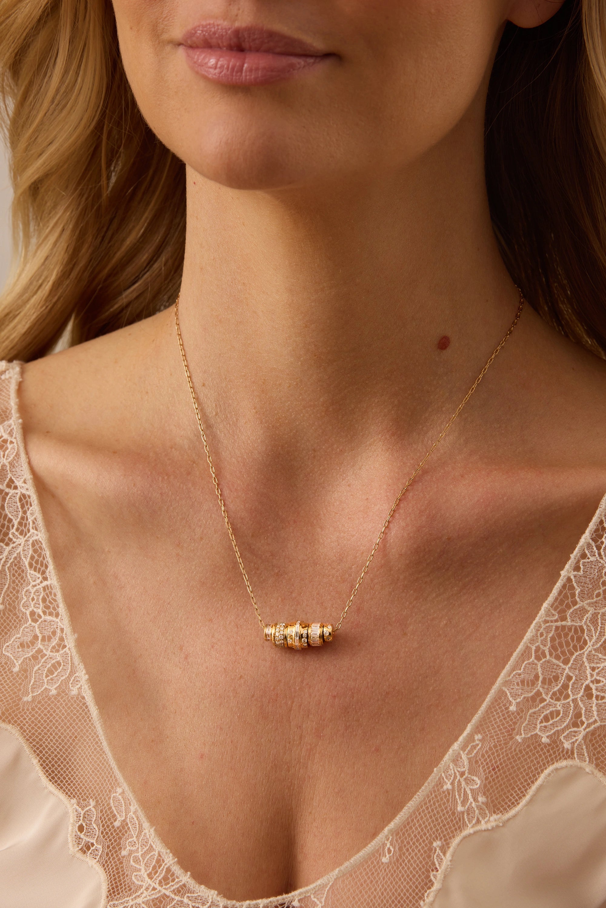 SW Gold & Diamond Cylinder, Wheels and Spinning Necklace
