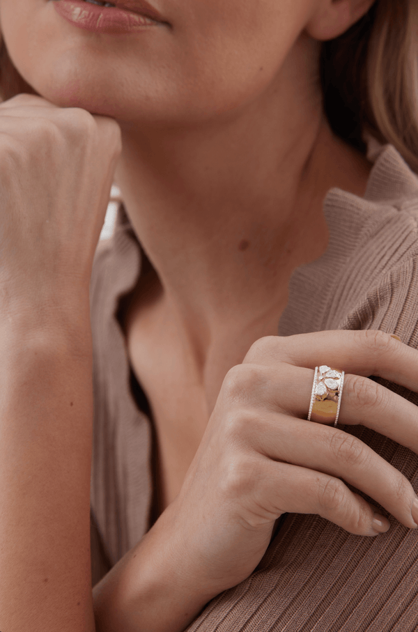 Lierre Yellow Gold White Diamond 4 Pear with Solid Halo Thick Cigar Ring - Sara Weinstock Fine Jewelry