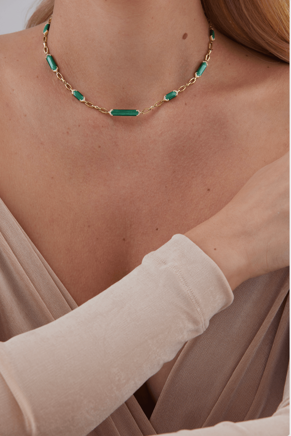 Lucia Yellow Gold Malachite Elongated Hexagon Choker - Sara Weinstock Fine Jewelry