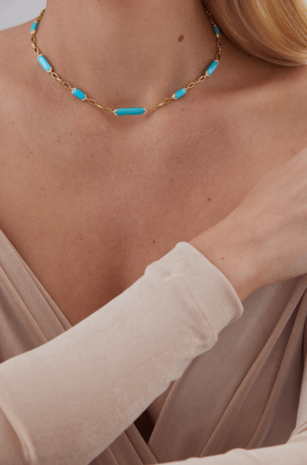 Lucia Yellow Gold Turquoise Elongated Hexagon Choker - Sara Weinstock Fine Jewelry